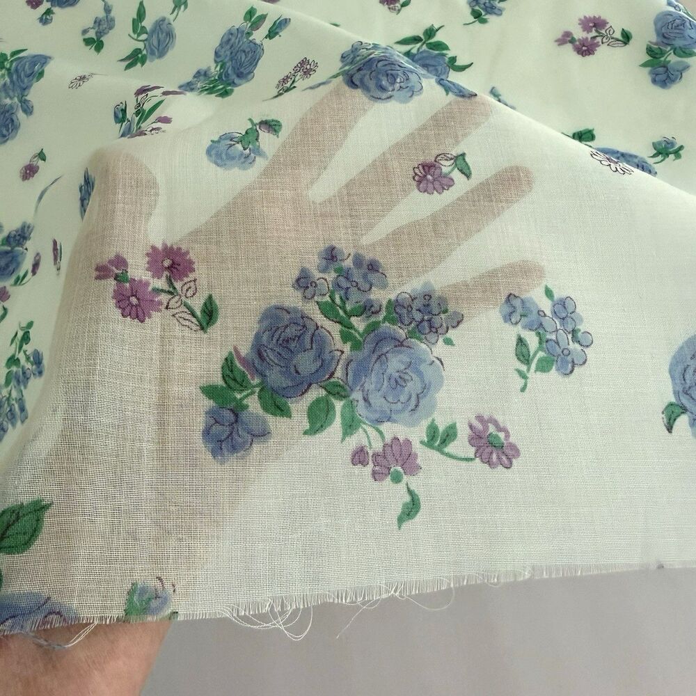 Vintage Blue Purple Florals on Mint Green Semi Sheer Voile Fabric Sew 3yd x 45"
